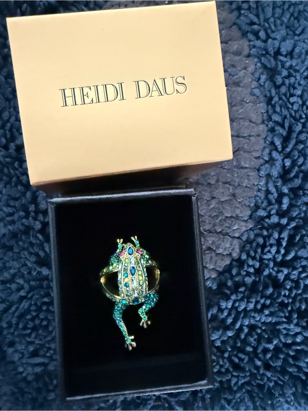 Heidi Daus Teal and Blue Jeweled Frog Ring size 8